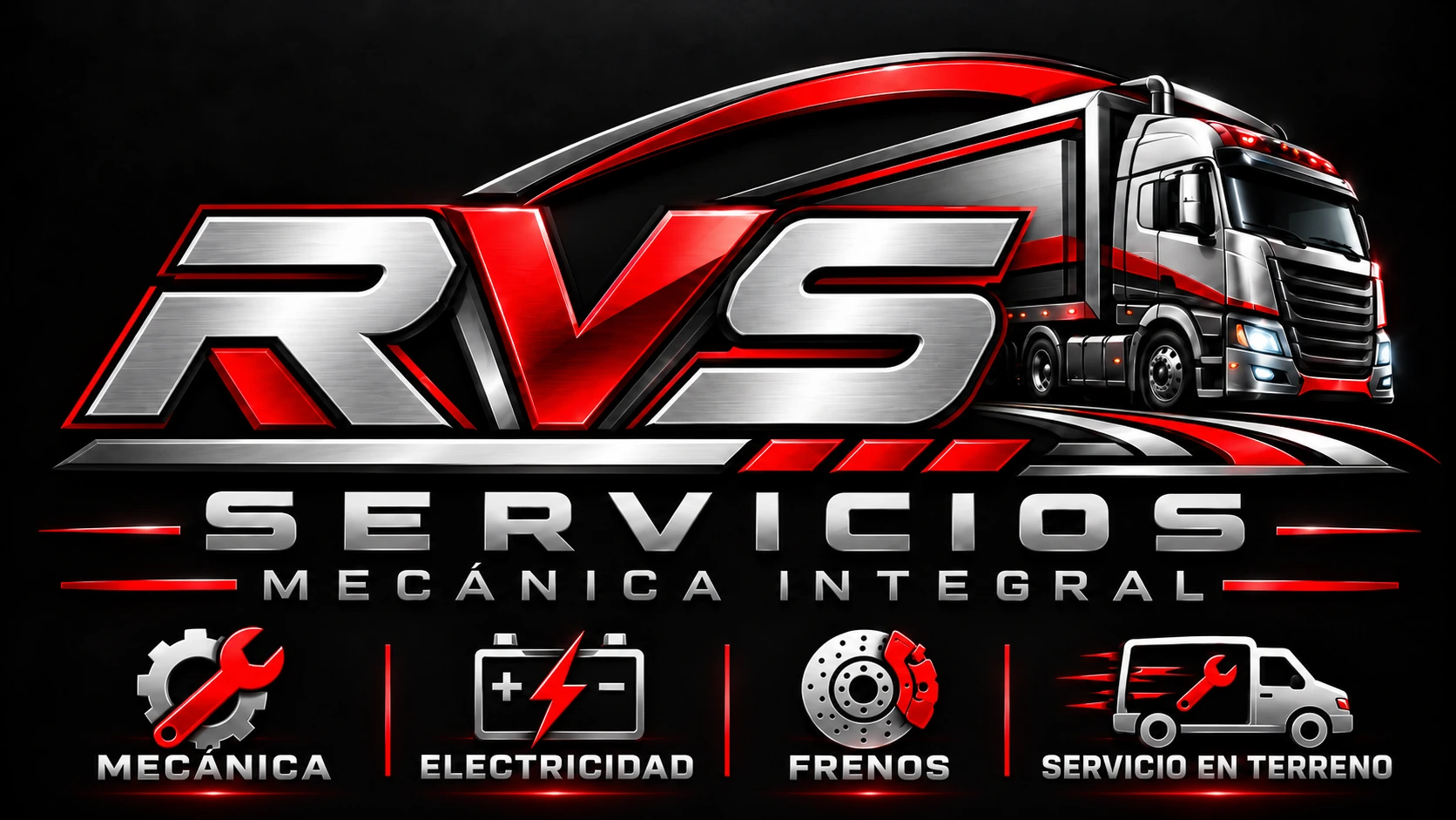 Logo oficial RVS Servicios Mecánica Integral con camión y áreas de mecánica, electricidad, frenos y servicio en terreno